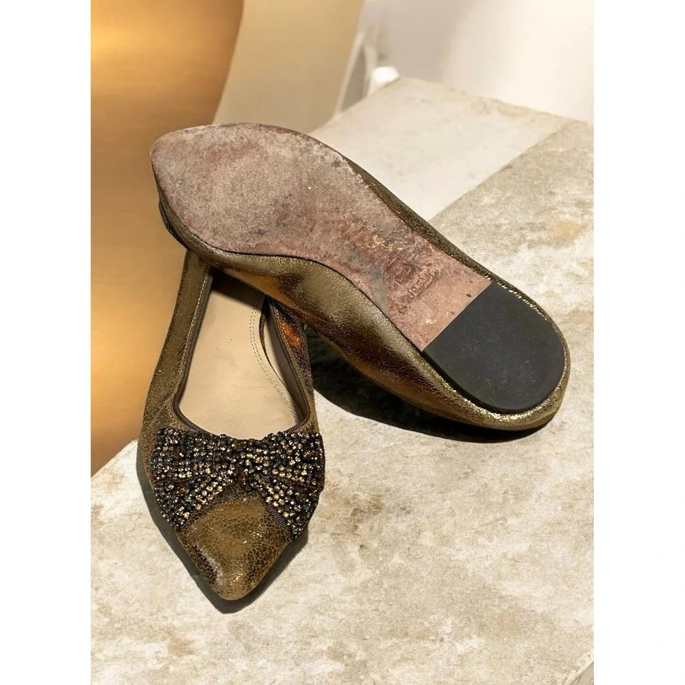 Tory Burch Azalea Jeweled Bow Flats Metallic Gold Women's Size 10.5 Luxury